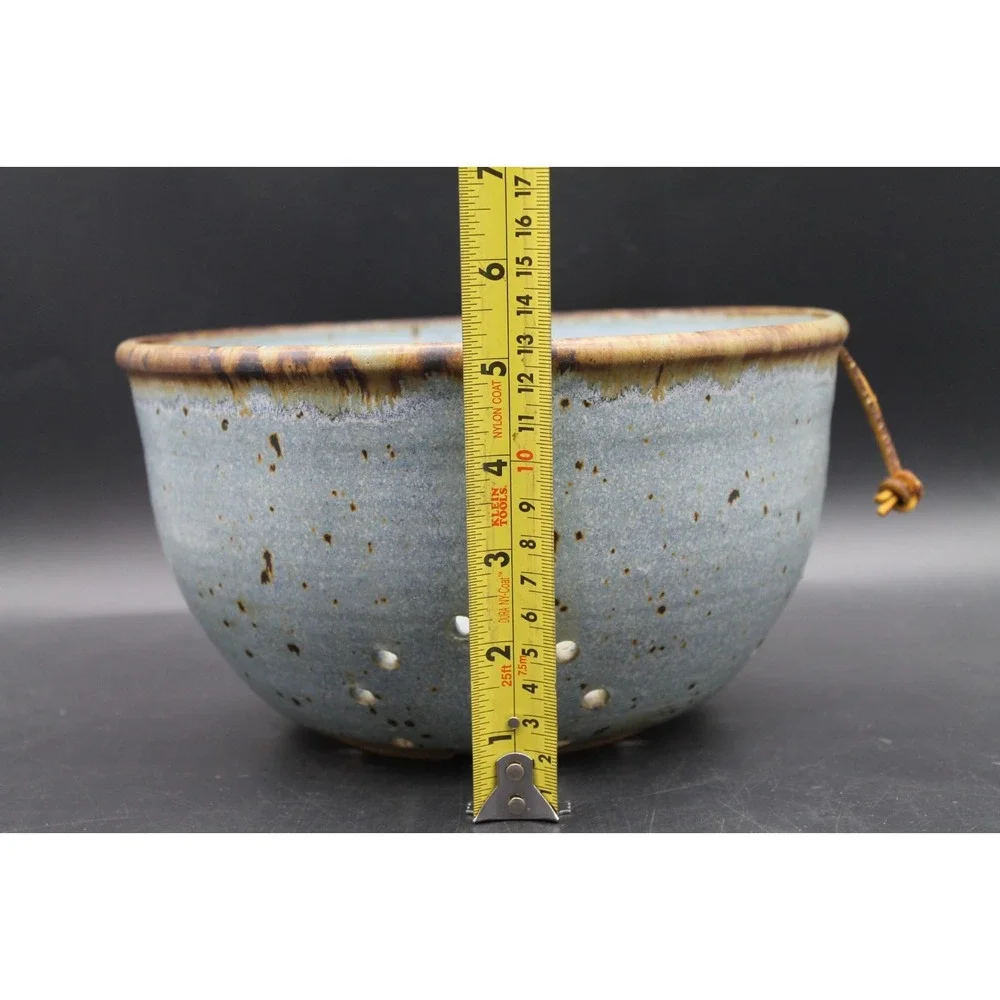 Signed Studio Pottery Berry Bowl Colander Blue Speckled Glaze 9.5in Handmade